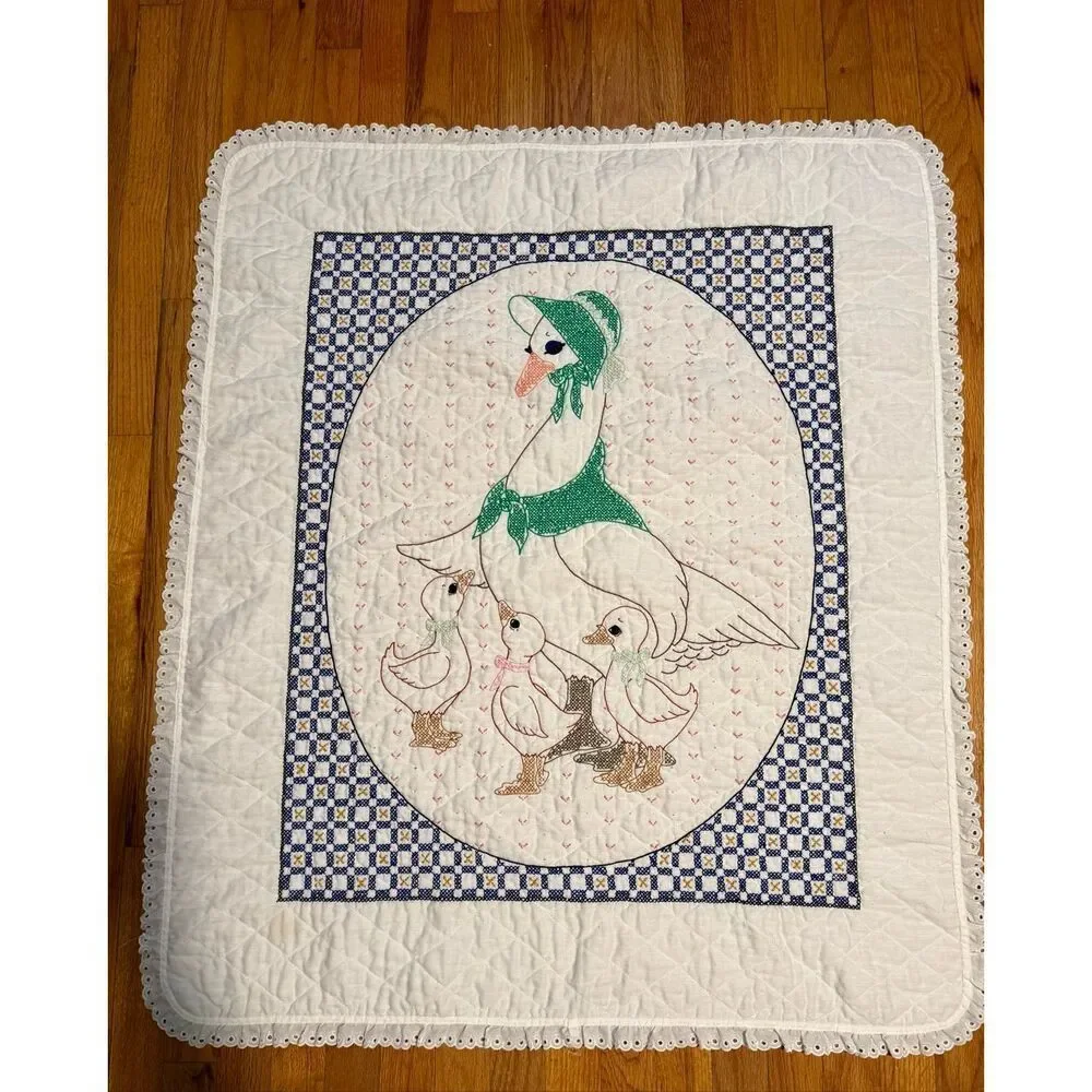 Vintage Mother Goose Cross Stitch Baby Crib Blanket Cottagecore